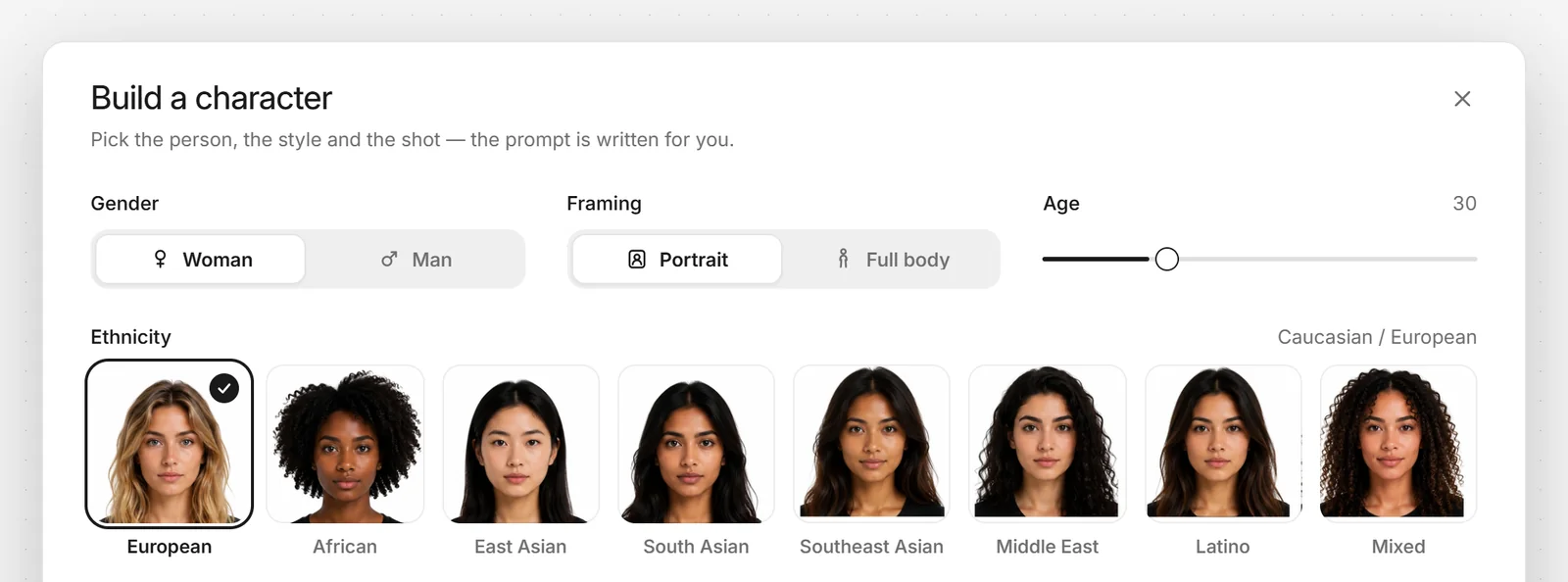 The Character Generator's quiz: woman or man, portrait or full body, and faces to start from.