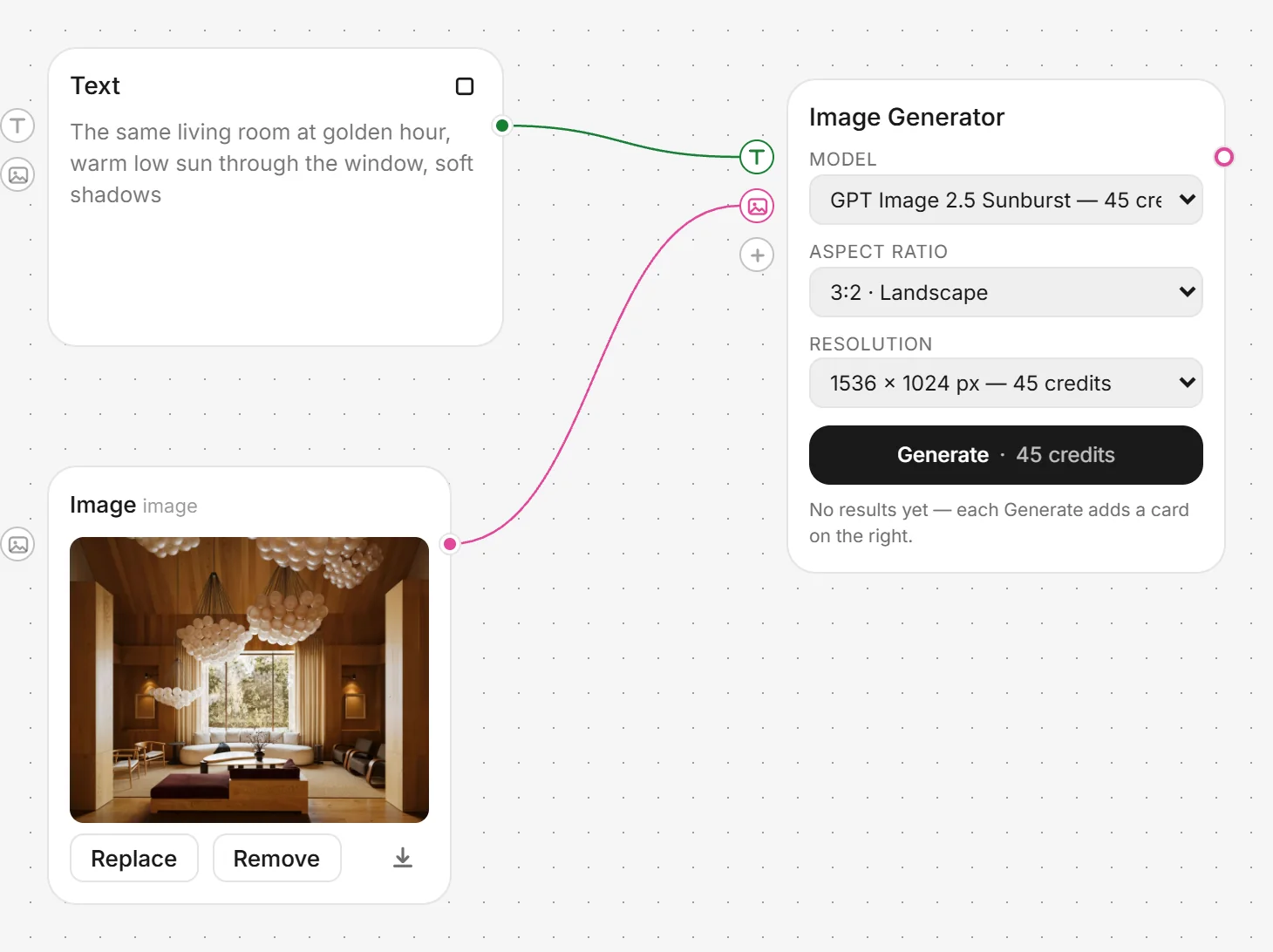 An Image Generator card: model, aspect ratio, resolution and its Generate button with the price.