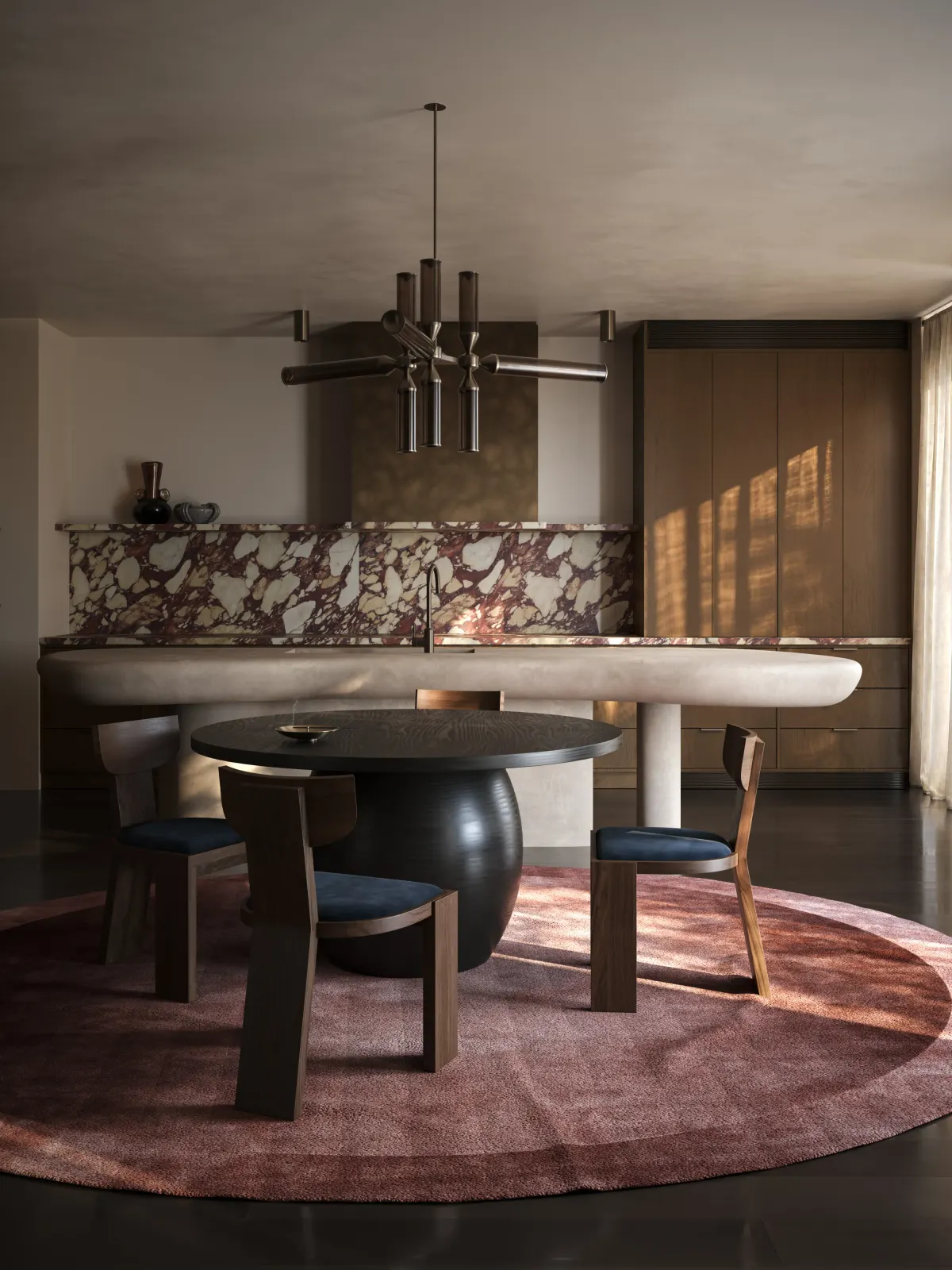 An empty kitchen render with a marble splashback and a round dark table.