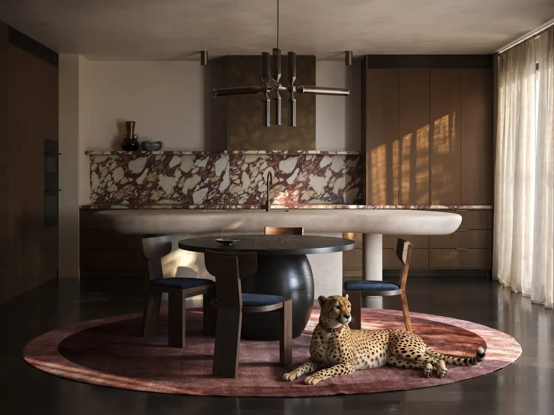 A dark kitchen render with a cheetah painted in on the rug.