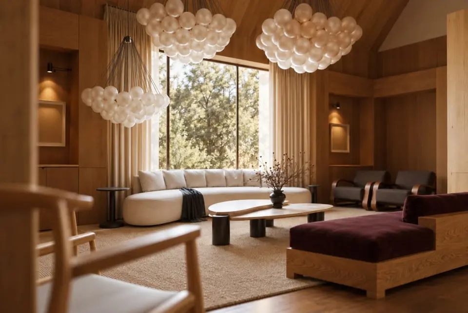 A wide view of the timber living room.