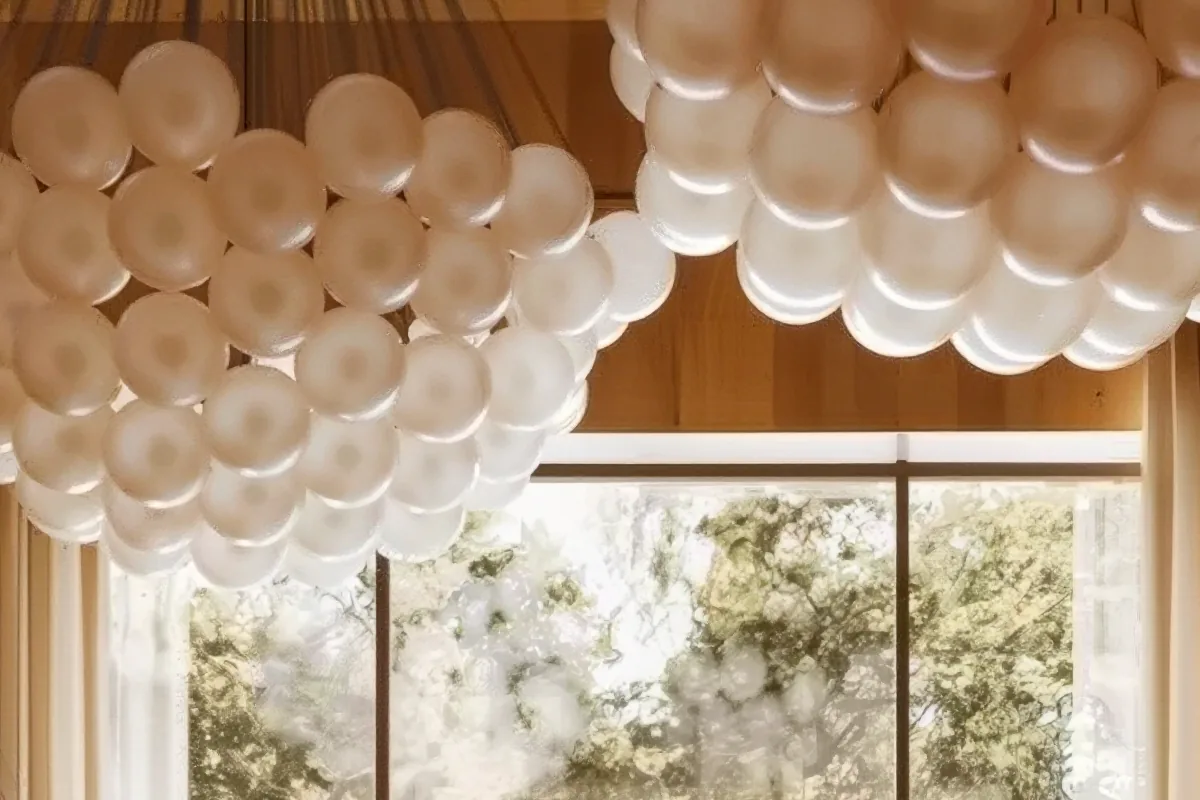 Pearl pendant lights and the trees in the window, upscaled with Creative · Detail.